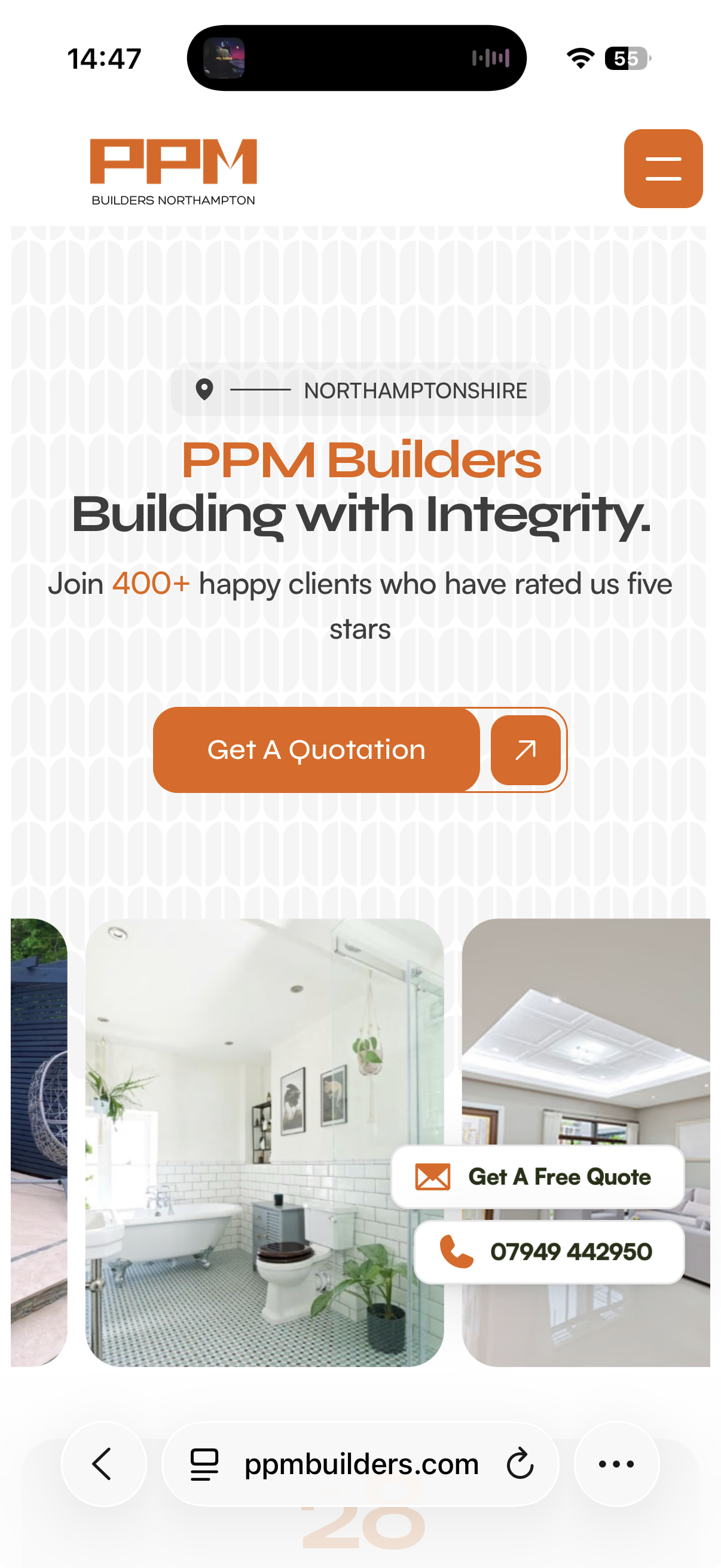 PPM Builders mobile website with orange branding, a building services introduction and an interior photography gallery