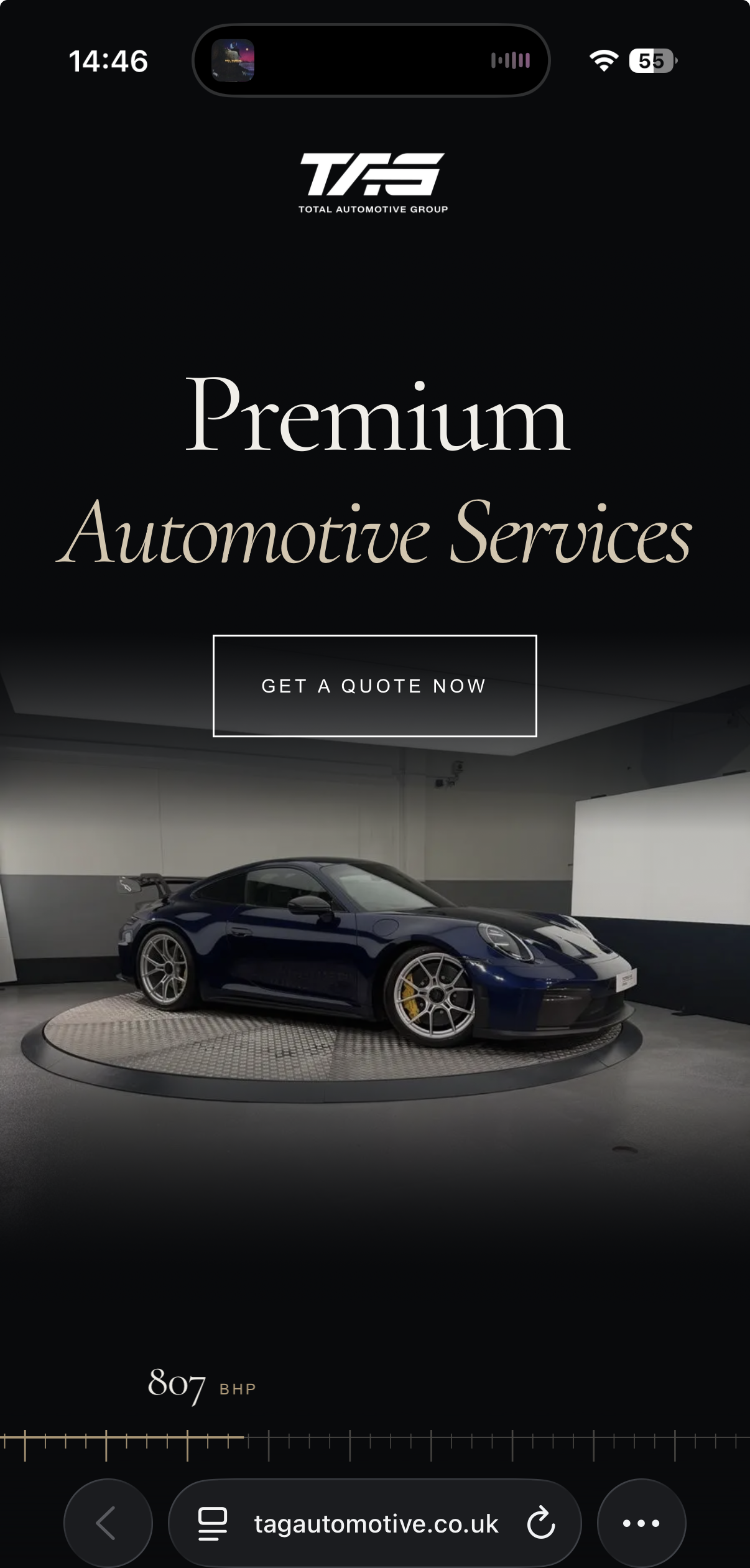 TAG Automotive mobile website with cream serif typography, a dark background and a blue Porsche